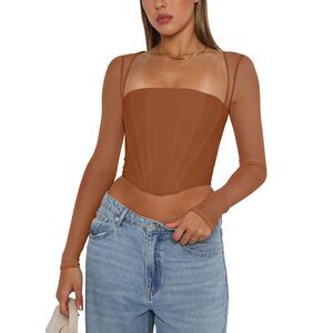 6563 Fall Sexy Trendy Mesh Long Sleeve Boned Square Neck Crop Tops Corset
